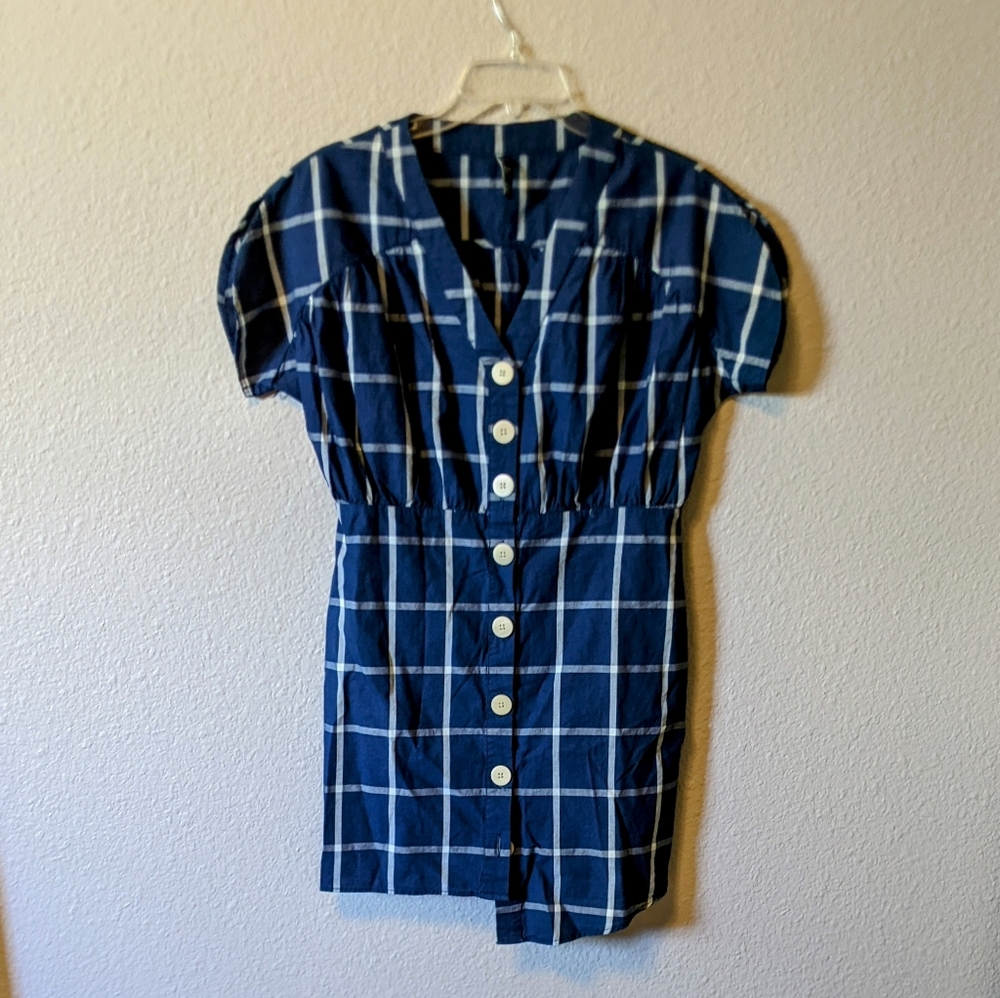 ZARA TRF Mini Dress Short Sleeve Blue Plaid Button Up TRF Collection Sz.S